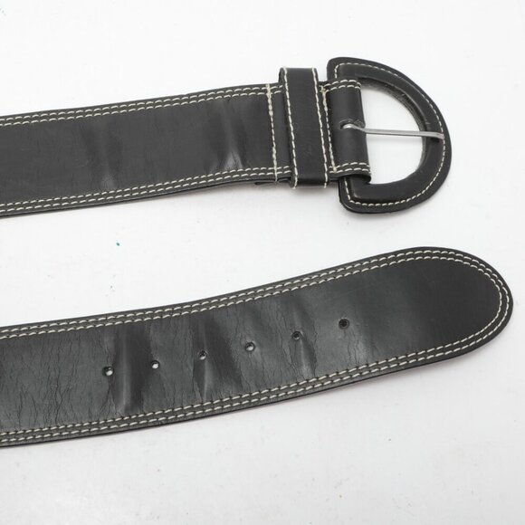 Belt Shak Vegan Leather Wide Belt Black Contrast Stitching Half Moon Buckle - Picture 10 of 11